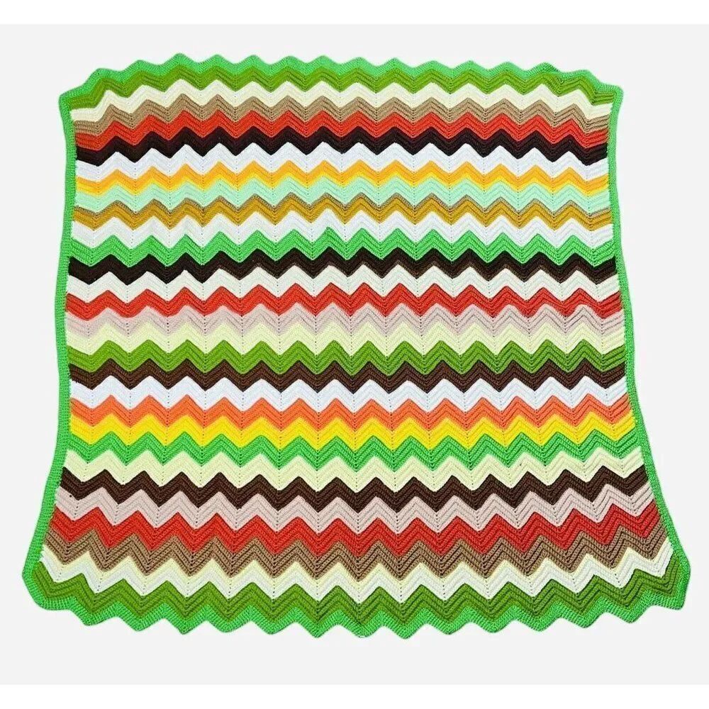 Vintage 1970s Handmade Colorful Zig Zag Chevron Afghan Throw 63 x 59 Blanket 70s